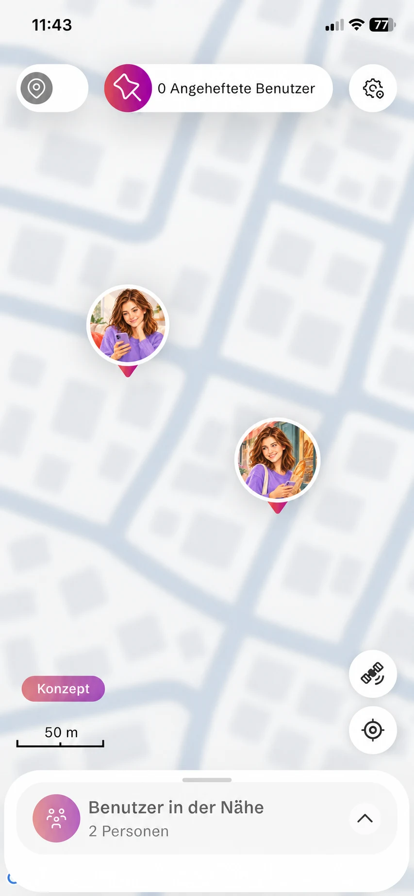 Konzeptdarstellung der InstaSpot-Karte mit Zoe-Miniavataren zuhause und beim Bäcker