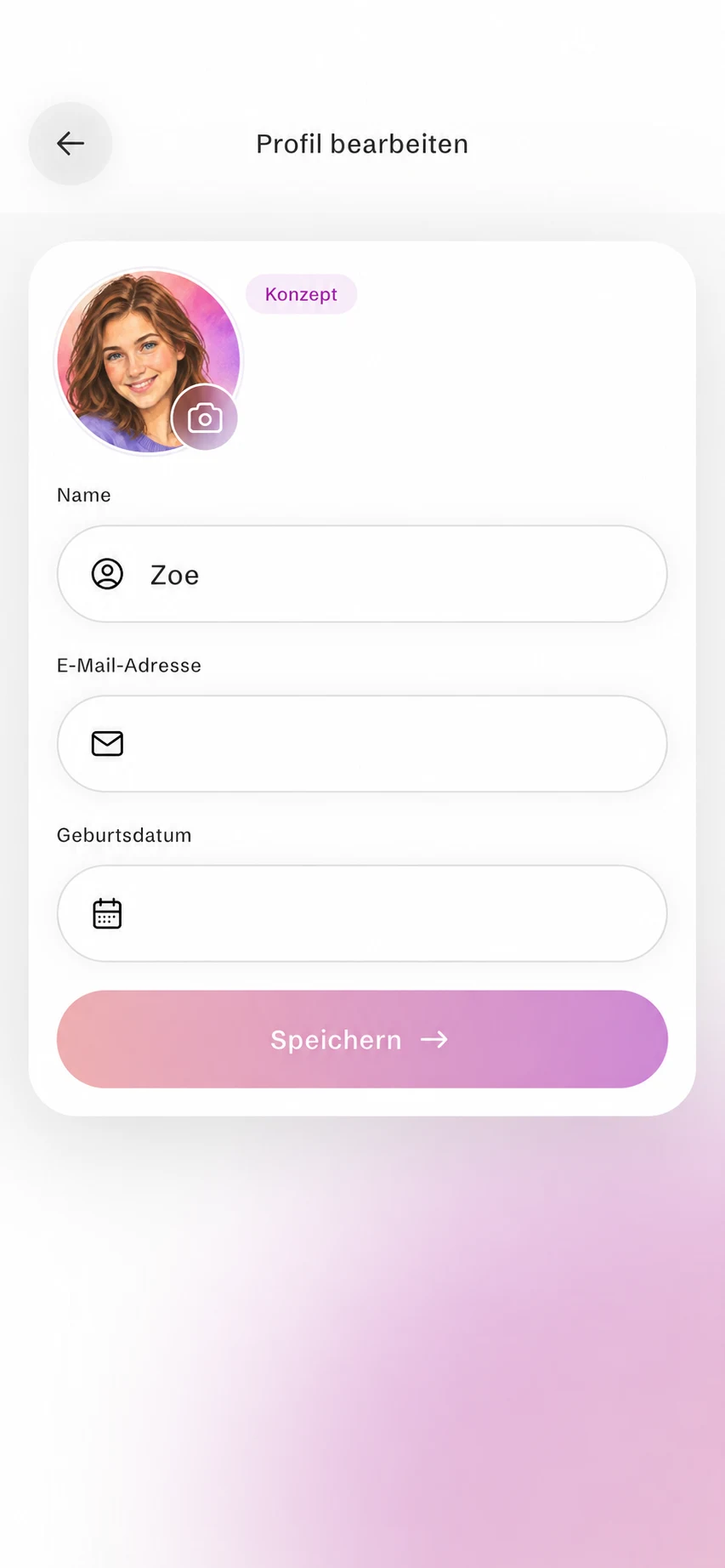 Konzeptdarstellung des InstaSpot-Profils mit Zoe-Illustration und dem Vornamen Zoe