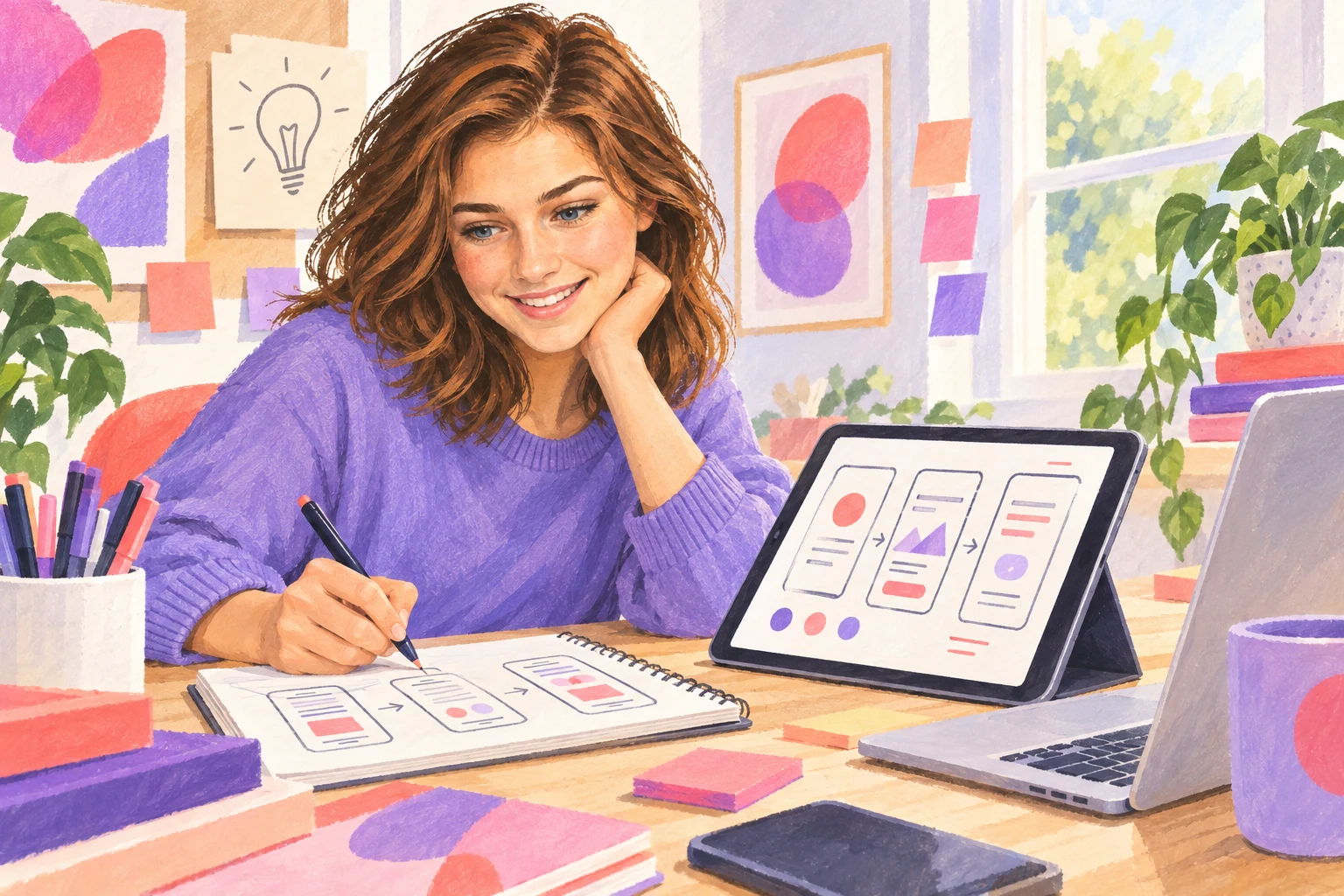 Redaktionelle Illustration: Zoe entwickelt App-Abläufe an Tablet und Schreibtisch